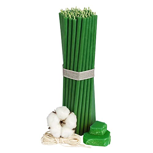 Diveevo ecclesiastical Beeswax Candles - 50 pcs. I Ritual Candles L-8.10 in, Ø-0.26 in I 80 min Burning time in Green I Thin Candles drip- & Smoke-Free