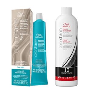 wella colorcharm demi permanent hair color, adds gloss & color richness, gray coverage, clear gloss, clear gloss + 10 vol. developer