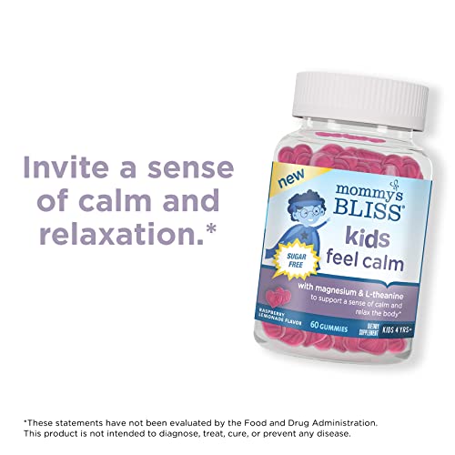 Mommy's Bliss Kids Feel Calm Gummies, Support a Sense of Calm and Relax The Body, Made with Magnesium, L-theanine, Sugar Free Raspberry Lemonade Flavor, Age 4+, 60 Gummies