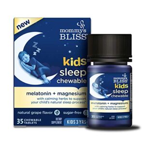 mommy’s bliss kids sleep chewable tablets: melatonin & magnesium with calming herbs, natural sleep aid , grape flavor, sugar free, age 3+, (35 servings)