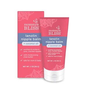 mommy’s bliss lanolin nipple balm breastfeeding cream with coconut oil & shea butter, soothing cream for sore, cracked nipples, safe for nursing babies, flavorless, 2 oz