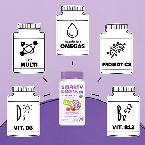 SmartyPants Organic Toddler Multivitamin, Daily Gummy Vitamins: Probiotics, Vitamin C, D3, Zinc, & B12 for Immune Support, Energy & Digestive Health, Fruit Flavor, 60 Gummies, 30 Day Supply