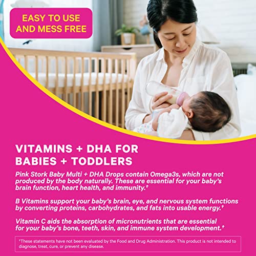 Pink Stork Baby Multivitamin Drops with DHA: Liquid Baby & Toddler Vitamin Drops for Brain Health & Immune Support, Vitamin D & B Complex Vitamins, Choline, Women-Owned, Unflavored, 2 oz, 60 Servings