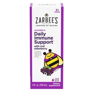 zarbee’s elderberry syrup for kids, daily immune support with vitamin c & zinc, childrens liquid supplement, natural berry flavor, 4 fl oz