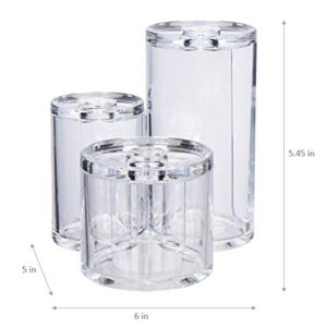 GROOVI Beauty Acrylic Triple Round Make Up Container (3 Towers Connected) Compact Size, Great Storage Container for Cosmetics/accs, for use in Bathroom or on Vanity, 5.5" x 5.9" x 5.25"