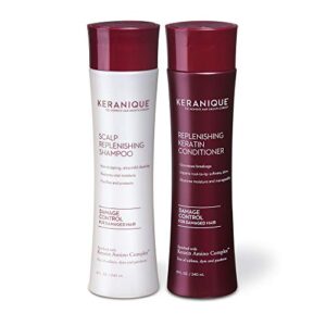 keranique damaged hair shampoo and conditioner set for hair repair and growth with biotin and keratin amino complex sulfate/parabens free, 8 fl oz