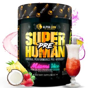 alpha lion superhuman pre workout powder, beta alanine, l-taurine & tri-source caffeine for sustained energy & focus, nitric oxide & citrulline for pump (21 servings, miami vice)