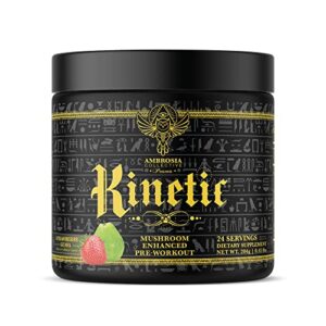 ambrosia kinetic organic preworkout, mushroom enhanced natural pre workout supplement, nootropic superfood powder for energy (strawberry guava)