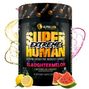 alpha lion superhuman extreme, extreme energy pre-workout formula, intense, sustained energy and focus, elevated nitric oxide, maximum pumps & nutrient delivery (21 servings, slaughtermelon)