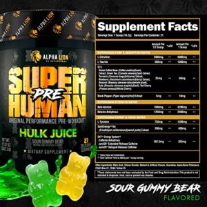 ALPHA LION Superhuman Pre Workout Powder, Beta Alanine, L-Taurine & Tri-Source Caffeine for Sustained Energy & Focus, Nitric Oxide & Citrulline for Pump (21 Servings, Hulk Juice)