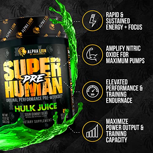 ALPHA LION Superhuman Pre Workout Powder, Beta Alanine, L-Taurine & Tri-Source Caffeine for Sustained Energy & Focus, Nitric Oxide & Citrulline for Pump (21 Servings, Hulk Juice)