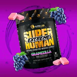 ALPHA LION Superhuman Extreme Pre Workout Powder, Beta Alanine, L-Taurine & Tri-Source Caffeine for Sustained Energy, Nitric Oxide & Citrulline for Pump (21 Servings, Grape Flavor)