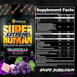 ALPHA LION Superhuman Extreme Pre Workout Powder, Beta Alanine, L-Taurine & Tri-Source Caffeine for Sustained Energy, Nitric Oxide & Citrulline for Pump (21 Servings, Grape Flavor)