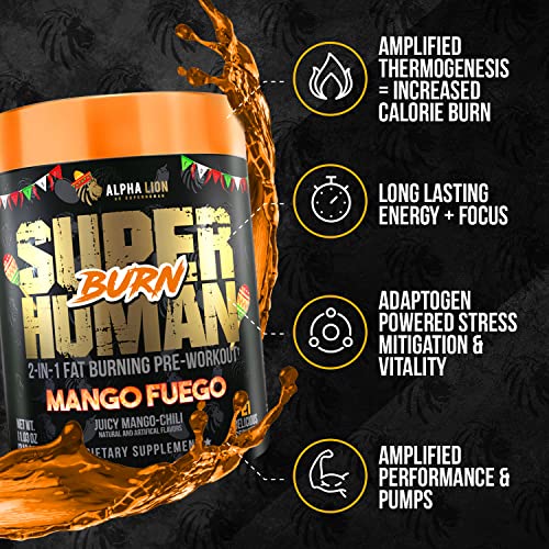 ALPHA LION Superhuman Burn 2-in-1 Metabolism Booster Pre Workout, Weight Loss Supplement, Appetite Suppressant, Fat Loss Support, Energy & Focus Powder (21 Servings, Mango Chili Flavor)