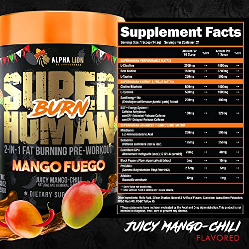 ALPHA LION Superhuman Burn 2-in-1 Metabolism Booster Pre Workout, Weight Loss Supplement, Appetite Suppressant, Fat Loss Support, Energy & Focus Powder (21 Servings, Mango Chili Flavor)