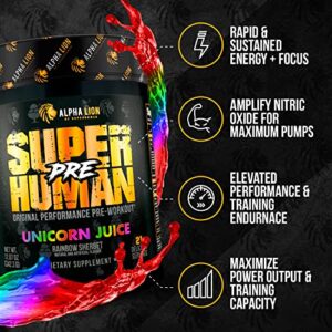 ALPHA LION Superhuman Pre Workout Powder, Beta Alanine, L-Taurine & Tri-Source Caffeine for Sustained Energy & Focus, Nitric Oxide & Citrulline for Pump (21 Servings, Unicorn Juice)