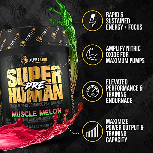 ALPHA LION Superhuman Pre Workout Powder, Beta Alanine, L-Taurine & Tri-Source Caffeine for Sustained Energy & Focus, Nitric Oxide & Citrulline for Pump (21 Servings, Muscle Melon)