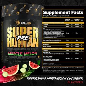 ALPHA LION Superhuman Pre Workout Powder, Beta Alanine, L-Taurine & Tri-Source Caffeine for Sustained Energy & Focus, Nitric Oxide & Citrulline for Pump (21 Servings, Muscle Melon)