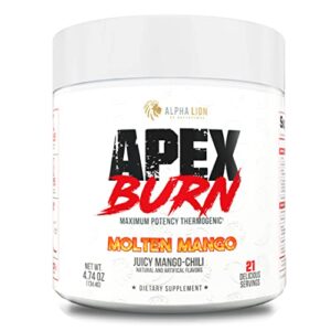 alpha lion apex burn weight loss supplement, workout powder, natural thermogenic calorie burner, fat loss support, energy & focus, optimize body composition (21 servings, juicy mango-chili flavor)