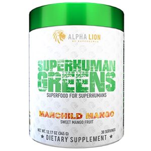 alpha lion superhuman healthy greens superfood powder, probiotics for women & men, low sugar drink mix, superfood supplement, caffeine free, improves gut health, 30 servings (sweet mango fruit flavor)