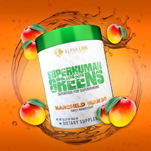 Alpha Lion Superhuman Healthy Greens Superfood Powder, Probiotics for Women & Men, Low Sugar Drink Mix, Superfood Supplement, Caffeine Free, Improves Gut Health, 30 Servings (Sweet Mango Fruit Flavor)