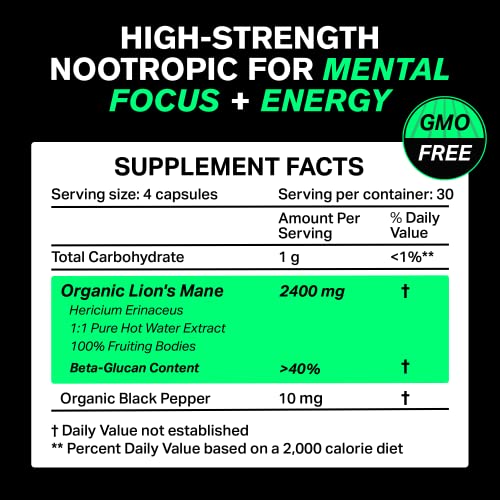 Organic Lions Mane Mushroom Capsules - Powerful Nootropic - Helps Maintain Memory, Energy, and Mental Clarity - Brain Booster Focus Pills - Real Lion's Mane Mushroom Supplement - Paleo, Vegan, Non-GMO