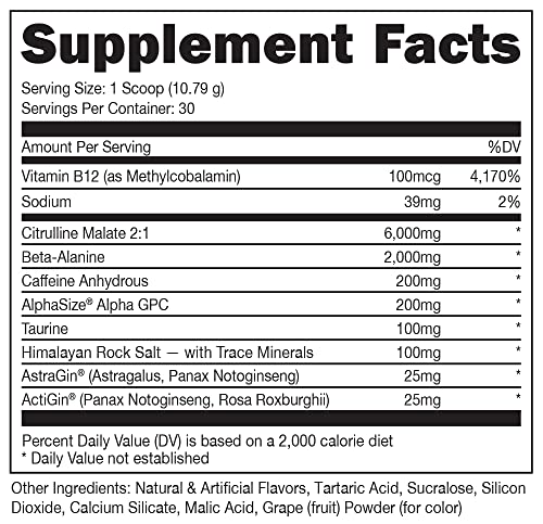 Bucked Up Pre Workout 6 Grams Citrulline, 2 Grams Beta Alanine, and 3 Other Registered trademarked Ingredients (Grape)