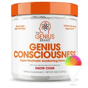 genius consciousness, super nootropic brain supplement powder, snow cone – supports focus, cognitive function, concentration & memory booster – alpha gpc & lions mane mushroom for neuro energy