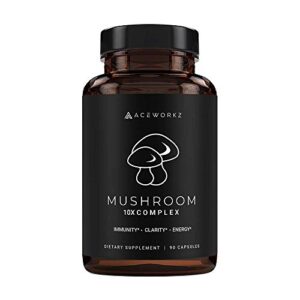 mushroom supplement – lions mane, reishi and cordyceps – 10 mushroom complex – nootropic brain supplement for memory & focus – immune booster – natural energy & stress relief (90 capsules)