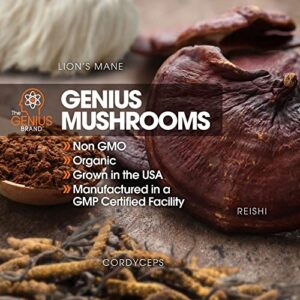 Genius Mushroom - Lions Mane, Cordyceps and Reishi - Immune System Booster & Nootropic Brain Supplement - for Natural Energy, Memory & Liver Support, 90 Veggie Pills