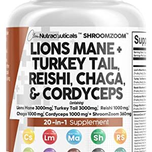 Lions Mane 3000mg 20in1 Mushroom Supplement with Turkey Tail 2000mg Reishi 1000mg Cordyceps Chaga 1000mg Maitake Meshima Poria Cocos Shiitake Oyster Porcini Enoki Cognitive, Energy, Focus Pills USA