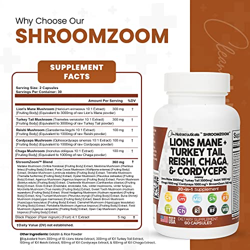 Lions Mane 3000mg 20in1 Mushroom Supplement with Turkey Tail 2000mg Reishi 1000mg Cordyceps Chaga 1000mg Maitake Meshima Poria Cocos Shiitake Oyster Porcini Enoki Cognitive, Energy, Focus Pills USA