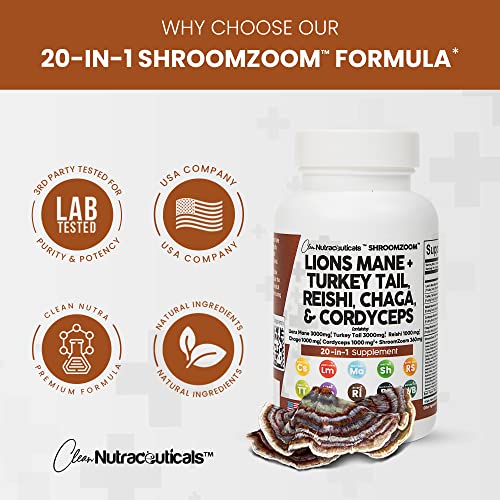 Lions Mane 3000mg 20in1 Mushroom Supplement with Turkey Tail 2000mg Reishi 1000mg Cordyceps Chaga 1000mg Maitake Meshima Poria Cocos Shiitake Oyster Porcini Enoki Cognitive, Energy, Focus Pills USA