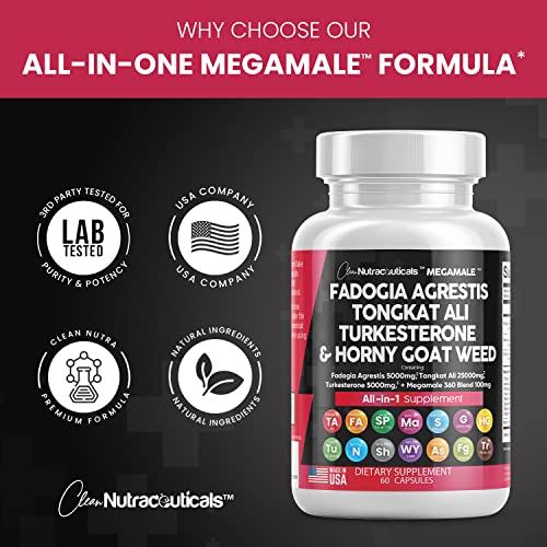 Fadogia Agrestis 5000mg Tongkat Ali 25000mg Turkesterone 5000mg Supplement with Horny Goat Weed, Saw Palmetto, Maca Root, Siberian Ginseng, Tribulus Terrestris, Fenugreek, Wild Yam USA - 60 Count