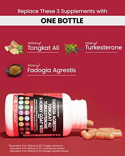 Fadogia Agrestis 5000mg Tongkat Ali 25000mg Turkesterone 5000mg Supplement with Horny Goat Weed, Saw Palmetto, Maca Root, Siberian Ginseng, Tribulus Terrestris, Fenugreek, Wild Yam USA - 60 Count