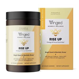 winged rise up gummies | energy & brain boost supplement | natural caffeine, ashwagandha & b12 for energy | nootropics alpha-gpc, lion’s mane & huperzine a for focus | pineapple flavor (30 servings)