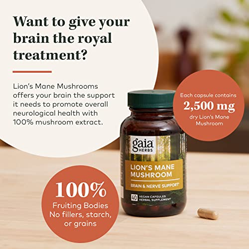 Gaia Herbs Lion’s Mane Mushroom - Brain and Nerve Support Supplement to Help Maintain Neurological Health - with Organic Lion's Mane Mushrooms - 40 Vegan Liquid Phyto-Capsules (40-Day Supply)
