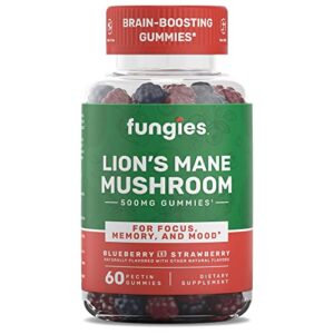 fungies lion’s mane mushroom brain health gummies – promotes focus, memory, and mood – 60 count (natural blueberry and strawberry flavor, gelatin-free, gluten-free, non-gmo, vegan)