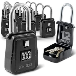 lion locks 12-pack alpha key storage lockbox, set-your-own code lock, portable key holder, rust-proof secure outdoor safe, hide-a-key safe box, lock box, airbnb, construction (12-pack/black)