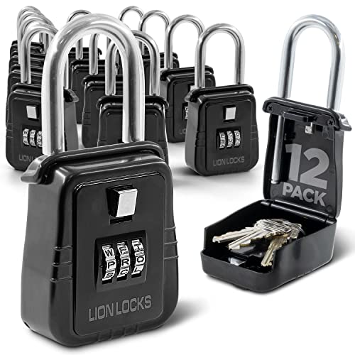 Lion Locks 12-Pack Alpha Key Storage Lockbox, Set-Your-Own Code Lock, Portable Key Holder, Rust-Proof Secure Outdoor Safe, Hide-a-Key Safe Box, Lock Box, Airbnb, Construction (12-Pack/Black)