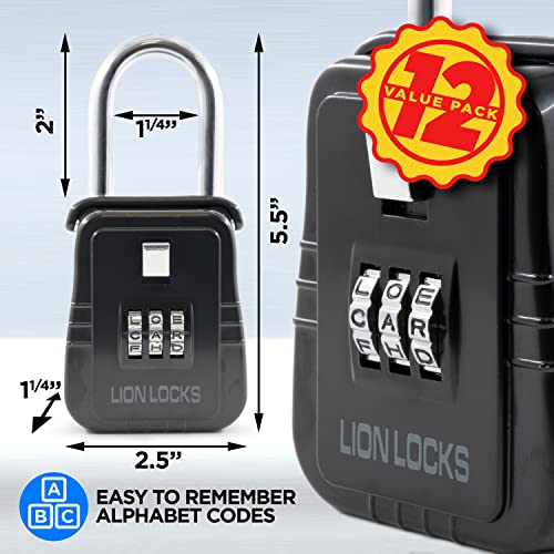 Lion Locks 12-Pack Alpha Key Storage Lockbox, Set-Your-Own Code Lock, Portable Key Holder, Rust-Proof Secure Outdoor Safe, Hide-a-Key Safe Box, Lock Box, Airbnb, Construction (12-Pack/Black)