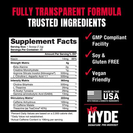 PROSUPPS Mr. Hyde Signature Pre Workout with Creatine, Beta Alanine, TeaCrine and Caffeine for Sustained Energy, Focus and Pumps - Pre-Workout Energy Drink for Men and Women (Blue Razz, 30 Servings)