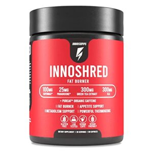 inno shred – day time fat burner | 100mg capsimax, grains of paradise, organic caffeine, green tea extract, appetite suppressant, weight loss support (60 veggie capsules) | (with stimulant)