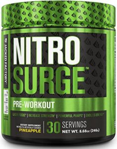 nitrosurge pre workout supplement – endless energy, instant strength gains, clear focus, intense pumps – nitric oxide booster & powerful preworkout energy powder – 30 servings, pineapple