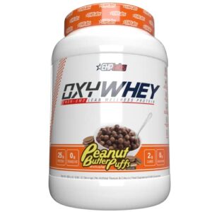 ehplabs oxywhey lean whey protein powder – 25g of 100% pure, lean, non-gmo whey protein blend, post workout fitness & nutritional shakes, smoothies, baking & cooking – 27 serves (peanut butter puffs)