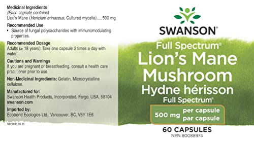 Swanson Lion's Mane Mushroom - 60 Capsules, 500mg Each