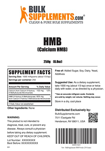 BulkSupplements.com HMB Powder (β-Hydroxy β-Methylbutyrate) - HMB Free Acid - HMB 1000 mg - Calcium HMB - 1000mg per Serving (250 Grams - 8.8 oz)