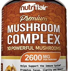 NutriFlair Mushroom Supplement 2600mg, 90 Capsules - 10 Mushrooms Blend - Reishi, Lions Mane, Cordyceps, Chaga, Turkey Tail, Maitake, Shiitake, Oyster Nootropic Complex - Brain, Energy, Focus Pills