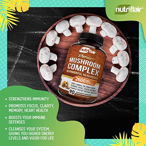 NutriFlair Mushroom Supplement 2600mg, 90 Capsules - 10 Mushrooms Blend - Reishi, Lions Mane, Cordyceps, Chaga, Turkey Tail, Maitake, Shiitake, Oyster Nootropic Complex - Brain, Energy, Focus Pills