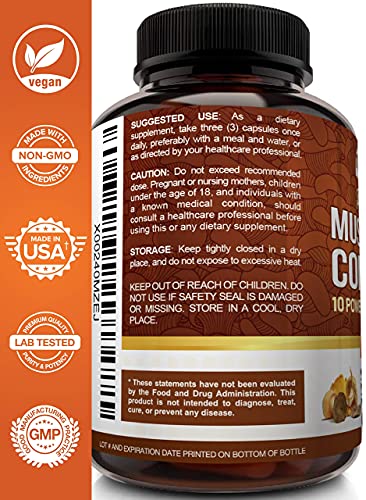 NutriFlair Mushroom Supplement 2600mg, 90 Capsules - 10 Mushrooms Blend - Reishi, Lions Mane, Cordyceps, Chaga, Turkey Tail, Maitake, Shiitake, Oyster Nootropic Complex - Brain, Energy, Focus Pills